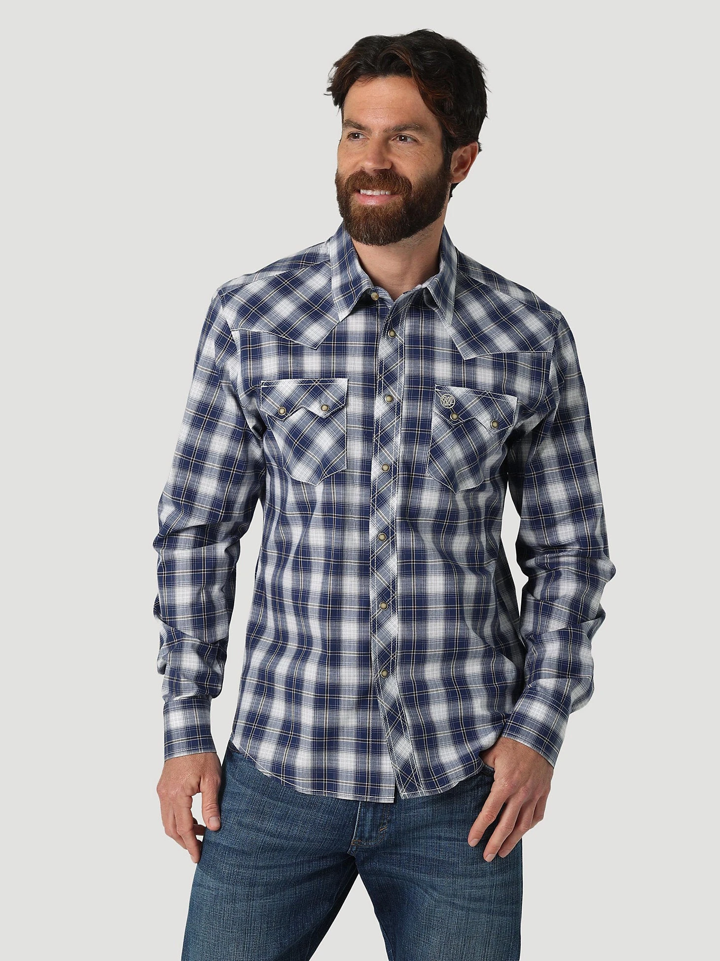Men's Wrangler 112317119 Retro Long Sleeve Western Snap Plaid Shirt In Blue Plaid 3 Men's Wrangler 112317119 Retro Long Sleeve Western Snap Plaid Shirt In Blue Plaid