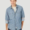 Men's Wrangler 112317202 Retro® Premium Long Sleeve Button Up Shirt In Denim -Western Cowboy Clothing 112317202 HERO