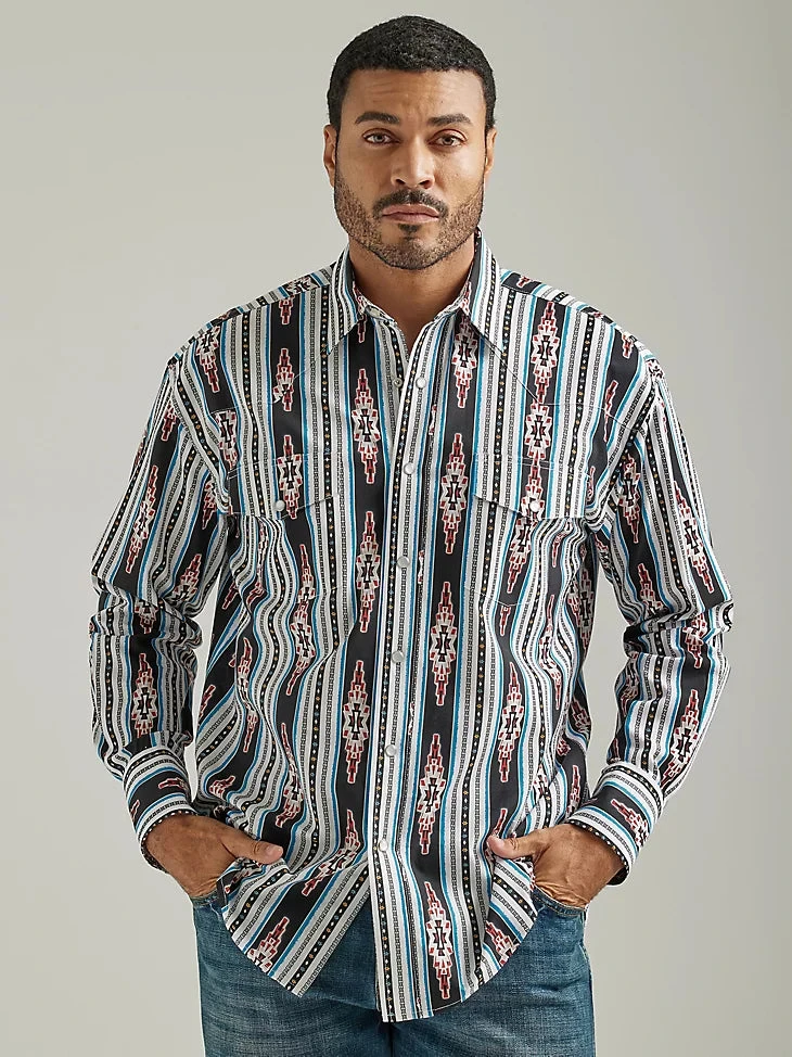Men's Wrangler 112326320 Men's CHECOTAH® Long Sleeve Western Snap Printed Shirt In Black Diamond 3 Men's Wrangler 112326320 Men's CHECOTAH® Long Sleeve Western Snap Printed Shirt In Black Diamond
