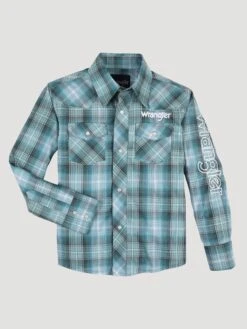 Boy's Wrangler 112330338 Teal Plaid Logo Western Snap Shirt 8 Boy's Wrangler 112330338 Teal Plaid Logo Western Snap Shirt -Western Cowboy Clothing 112330338 LF01 RGLL PRD