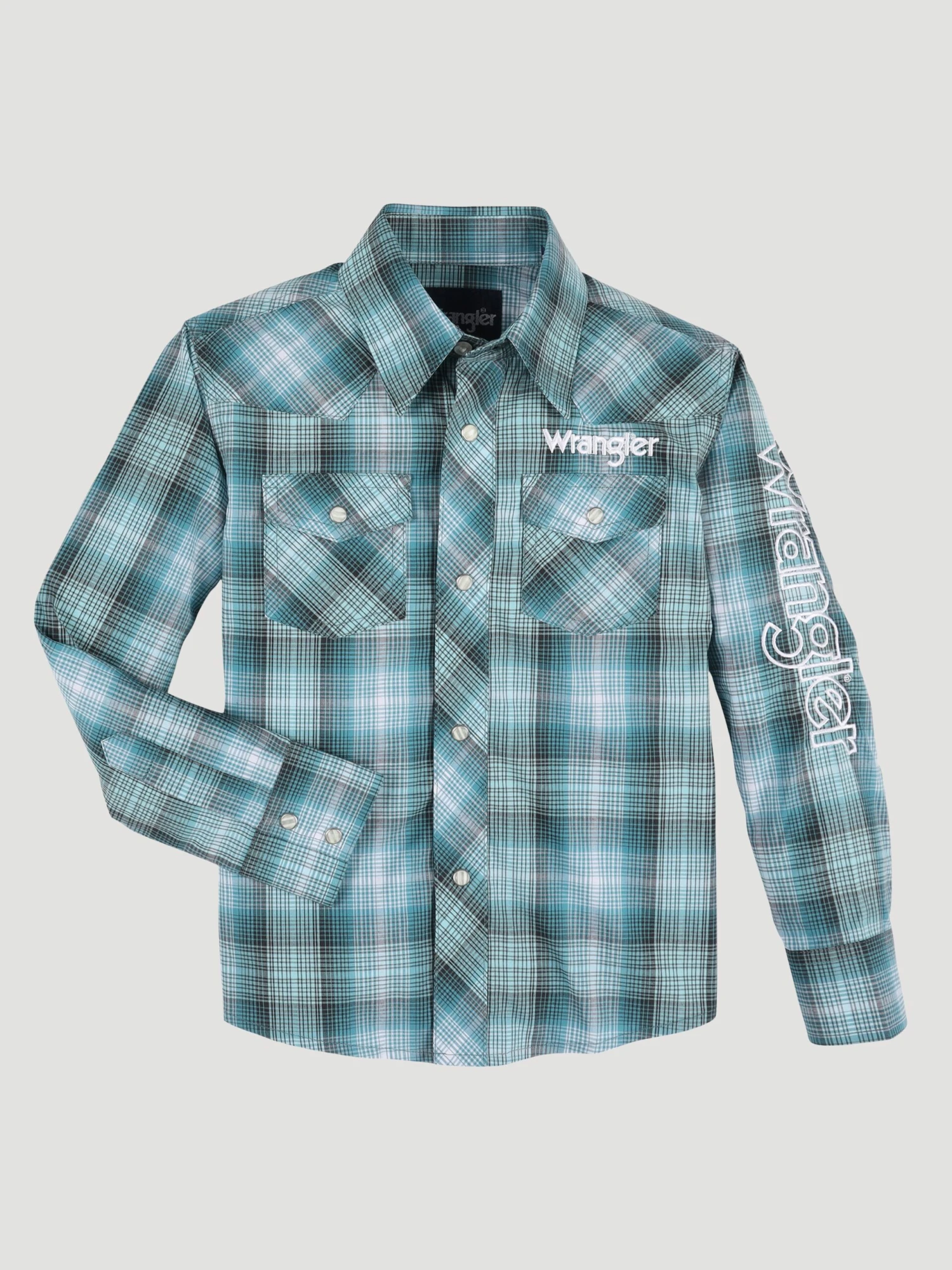 Boy's Wrangler 112330338 Teal Plaid Logo Western Snap Shirt 5 Boy's Wrangler 112330338 Teal Plaid Logo Western Snap Shirt - Image 3