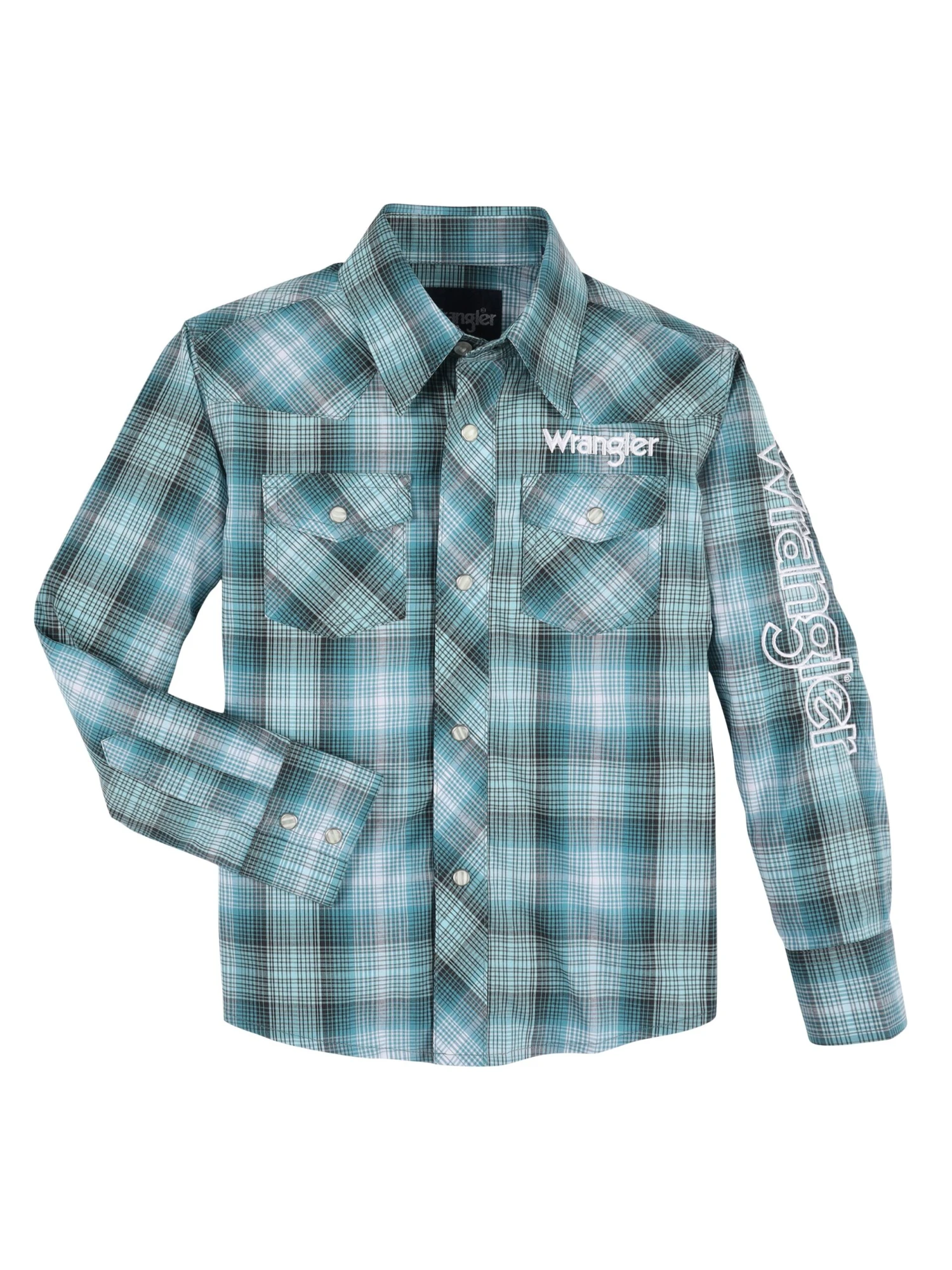 Boy's Wrangler 112330338 Teal Plaid Logo Western Snap Shirt 3 Boy's Wrangler 112330338 Teal Plaid Logo Western Snap Shirt
