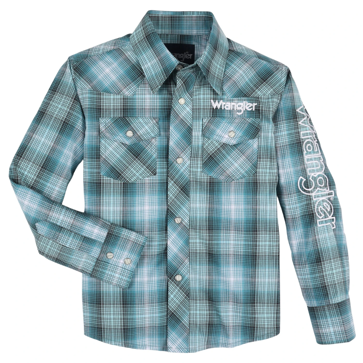 Boy's Wrangler 112330338 Teal Plaid Logo Western Snap Shirt 4 Boy's Wrangler 112330338 Teal Plaid Logo Western Snap Shirt - Image 2
