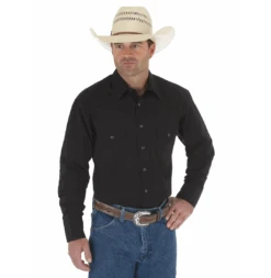 MEN'S WRANGLER 1071105BK BLACK LONG SLEEVE SOLID BROADCLOTH WESTERN SNAP SHIRT
