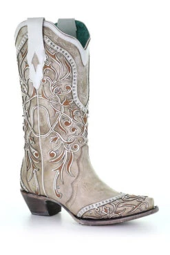 Corral Boots Women's Corral A3837 13" White Overlay & Embroidery With Studs & Crystals Snip Toe (SHOP IN-STORE TOO)