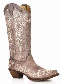 Corral Boots Women's Corral A1094 13" Brown Crater Bone Embroidery Snip Toe (SHOP IN-STORES TOO)