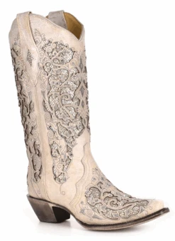 Corral Boots Women's Corral A3322 13" White Glitter Inlay & Crystals Snip Toe (SHOP IN-STORES TOO)
