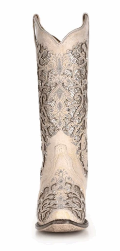 Corral Boots Women's Corral A3322 13" White Glitter Inlay & Crystals Snip Toe (SHOP IN-STORES TOO) -Western Cowboy Clothing A3322 3