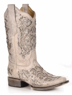 Corral Boots Women's Corral A3397 12" White Glitter Inlay & Crystals Square Toe (SHOP IN-STORE TOO)