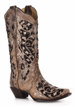 Corral Boots Women's Corral A3569 13" Brown Boots With Black Sequin Inlay Snip Toe (SHOP IN-STORES TOO)