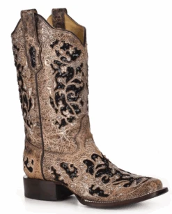 Corral Boots Women's Corral A3648 12" Brown Inlay & Flowered Embroidery & Studs/Crystals Square Toe (SHOP IN-STORE TOO)