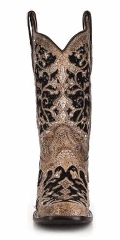 Corral Boots Women's Corral A3648 12" Brown Inlay & Flowered Embroidery & Studs/Crystals Square Toe (SHOP IN-STORE TOO) -Western Cowboy Clothing A3648 3