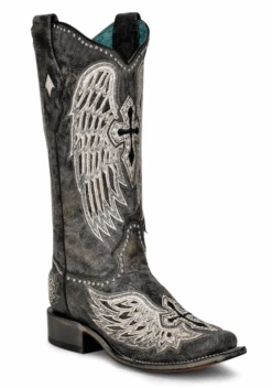 Corral Boots Women's Corral A4243 13" Black Cross & Wings Overlay/Embroidery/Studs Small Square Toe (SHOP IN-STORE TOO)