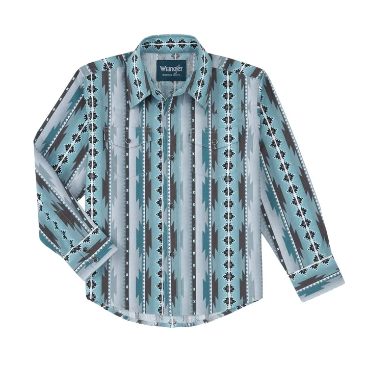 Boy's Wrangler 112316670 Checotah Aztec Print Blue/Tan Western Snap Long Sleeve Shirt 3 Boy's Wrangler 112316670 Checotah Aztec Print Blue/Tan Western Snap Long Sleeve Shirt