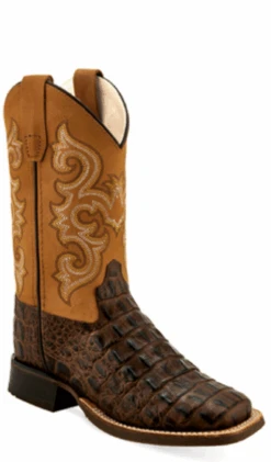 Youth Old West BSY1832 Brown Caiman Print Wide Square Toe