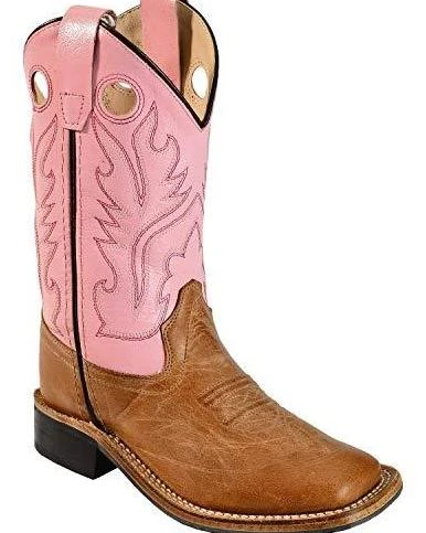 Youth Old West BSY1839 Tan W/Pink Top Wide Square Toe 3 Youth Old West BSY1839 Tan W/Pink Top Wide Square Toe