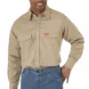 Men's Wrangler FR12140 Khaki FR Flame Resistant Twill Solid Long Sleeve Work Shirt -Western Cowboy Clothing FR12140front