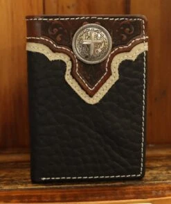 Top Notch Accessories HF112BK Black Pebbled Leather W/Cross Concho Tri-Fold Wallet