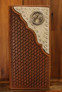 Top Notch Accessories HK507BR Hair On Basket Weave Tall Brown Gun Conch Wallet