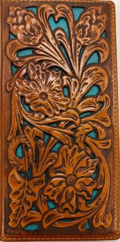 Top Notch Accessories 60107-2L.BR Light Brown Floral Design W/Turquoise Inlay Wallet