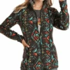 Women's Powder River By Panhandle PRWO92RZXZ-TQ Turquoise Aztec Print Fleece Front Zip Jacket -Western Cowboy Clothing Picture24 90876