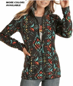Women's Powder River By Panhandle PRWO92RZXZ-TQ Turquoise Aztec Print Fleece Front Zip Jacket