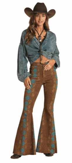 Women's Rock & Roll RRWD7PRZR4 Snake Skin Button High Rise Bell Button Jeans (SHOP IN-STORE TOO) -Western Cowboy Clothing RRWD7PRZR4 1