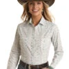 Women's Panhandle Western Wear RSWSOSRYT6 Stretch White All-over Print Snap Long Sleeve Shirt -Western Cowboy Clothing RSWSOSRYT6