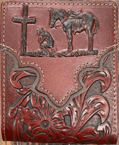 Top Notch Accessories 9001-2BR Brown Praying Cowboy W/Dark Brown Border & Floral Embossed Bi-Fold Wallet