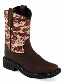 Children's Old West WB1006 Brown/Camo Top Wide Square Toe Boot
