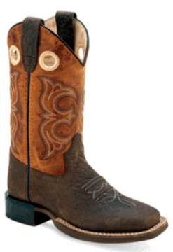 Children's Old West BSC1961 Dark Brown Bullhide/Burnt Mustard Top Wide Square Toe Boot