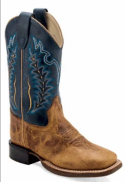 Children's Old West BSC1960 Burnt Brown W/Cactus Navy Top Wide Square Toe Boot