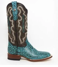 Women's Tanner Mark TML207067 Turquoise Hand Tooled Wide Square Toe Boot (SHOP IN-STORE) -Western Cowboy Clothing TML207067 2