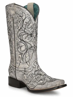 Corral Boots Women's Corral Z5094 Black & White Embroidery With Silver Studs Square Toe Boot (SHOP IN-STORES TOO)