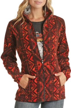 Women's Powder River By Panhandle PRWO92RZXZ-RD Red Aztec Print Fleece Front Zip Jacket