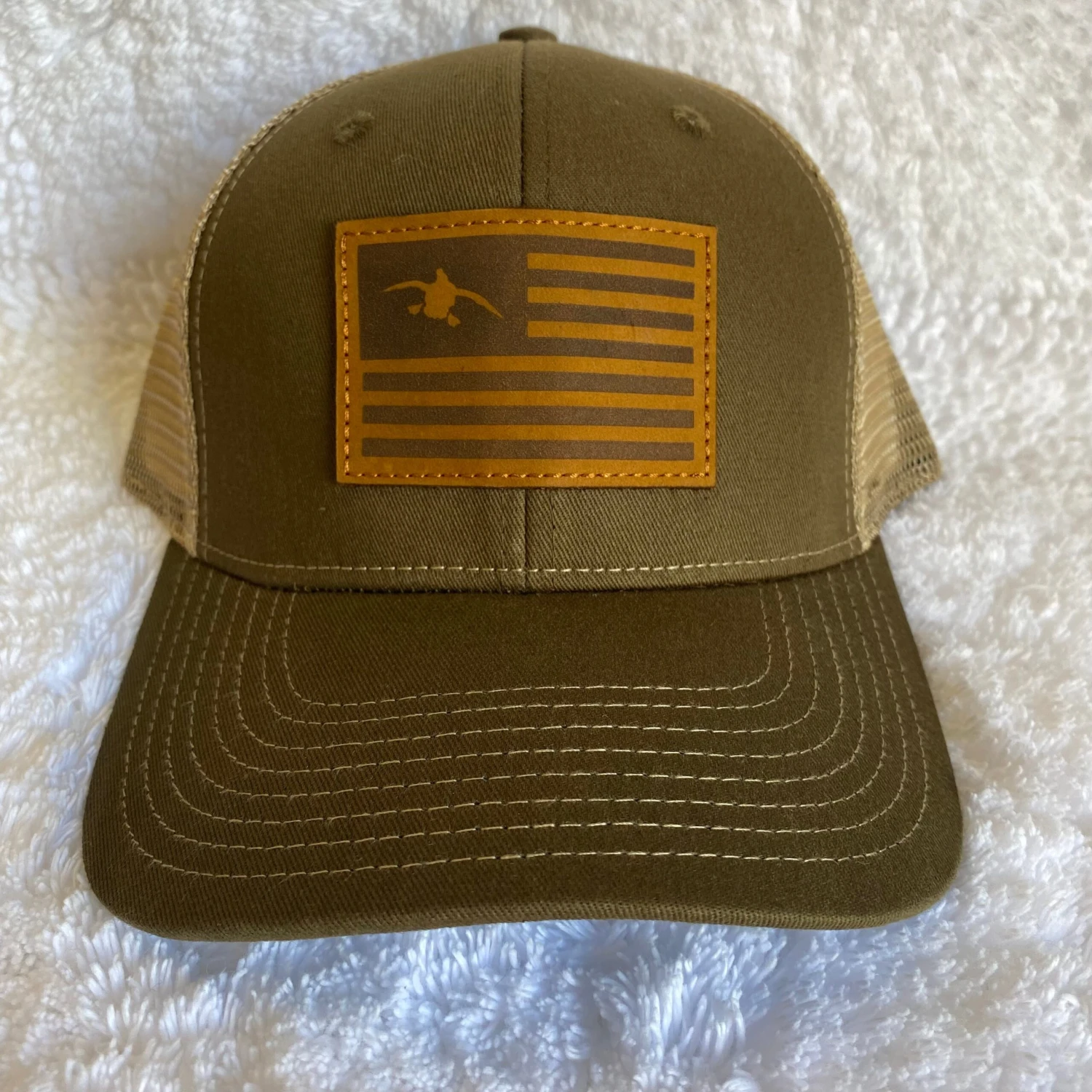 Duck Flag Leather Patch HW-DFP-OB Olive Green/Khaki Snap Back Trucker Cap 3 Duck Flag Leather Patch HW-DFP-OB Olive Green/Khaki Snap Back Trucker Cap