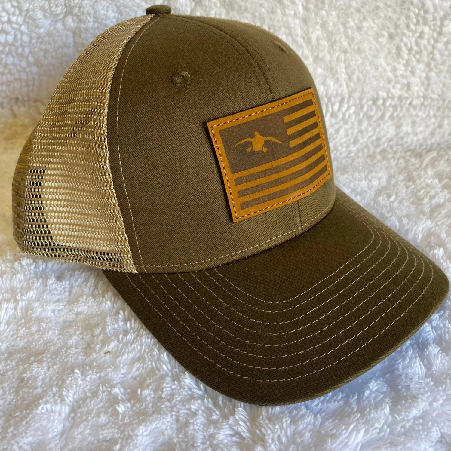 Duck Flag Leather Patch HW-DFP-OB Olive Green/Khaki Snap Back Trucker Cap 4 Duck Flag Leather Patch HW-DFP-OB Olive Green/Khaki Snap Back Trucker Cap - Image 2