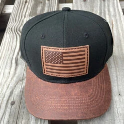 Cambridge American Flag Leather Patch/Leather Bill Black Snap Back Cap