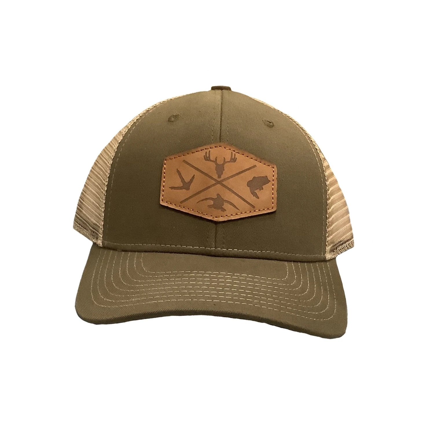 Hunters Logo Leather Patch HW-LOS-OB Olive Green/Khaki Snap Back Trucker Cap 3 Hunters Logo Leather Patch HW-LOS-OB Olive Green/Khaki Snap Back Trucker Cap