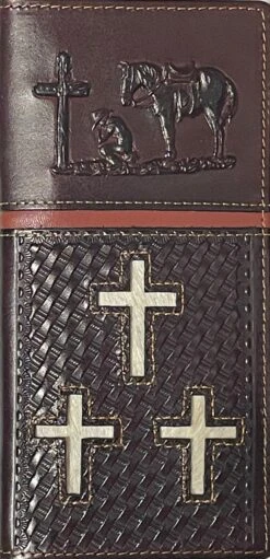 Top Notch Accessories 60204CF Coffee Embossed Praying Cowboy W/3 Hairon Crosses Wallet