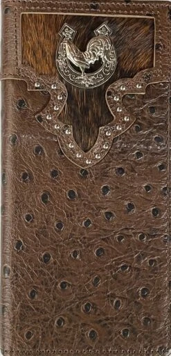 Top Notch Accessories 122CF Coffee Full Quill Ostrich Print W/Rooster Concho Wallet